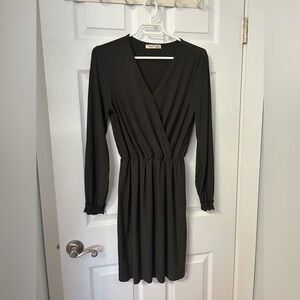 Dex Black Long Sleeve Pleated Wrap Midi Dress